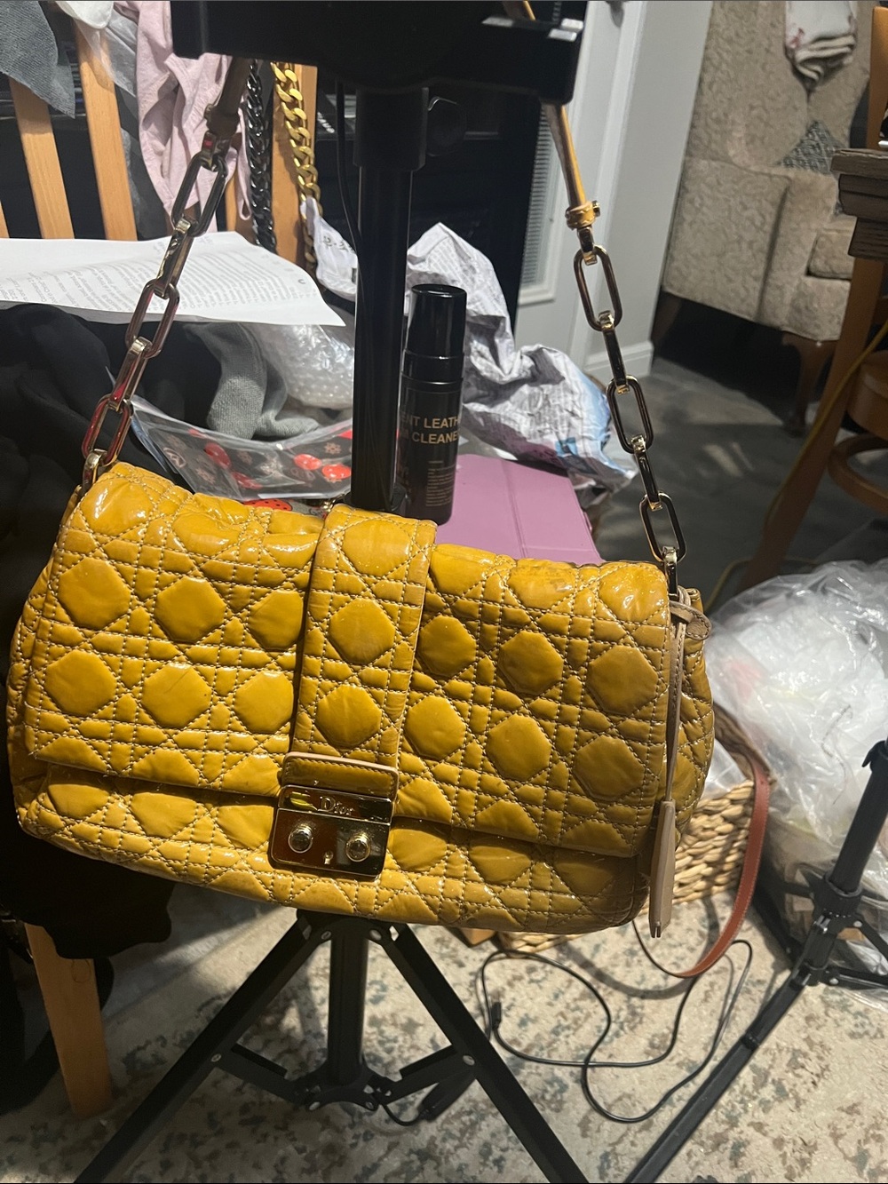 Dior Yellow Quilted Shoulder Bag with Chain Strap